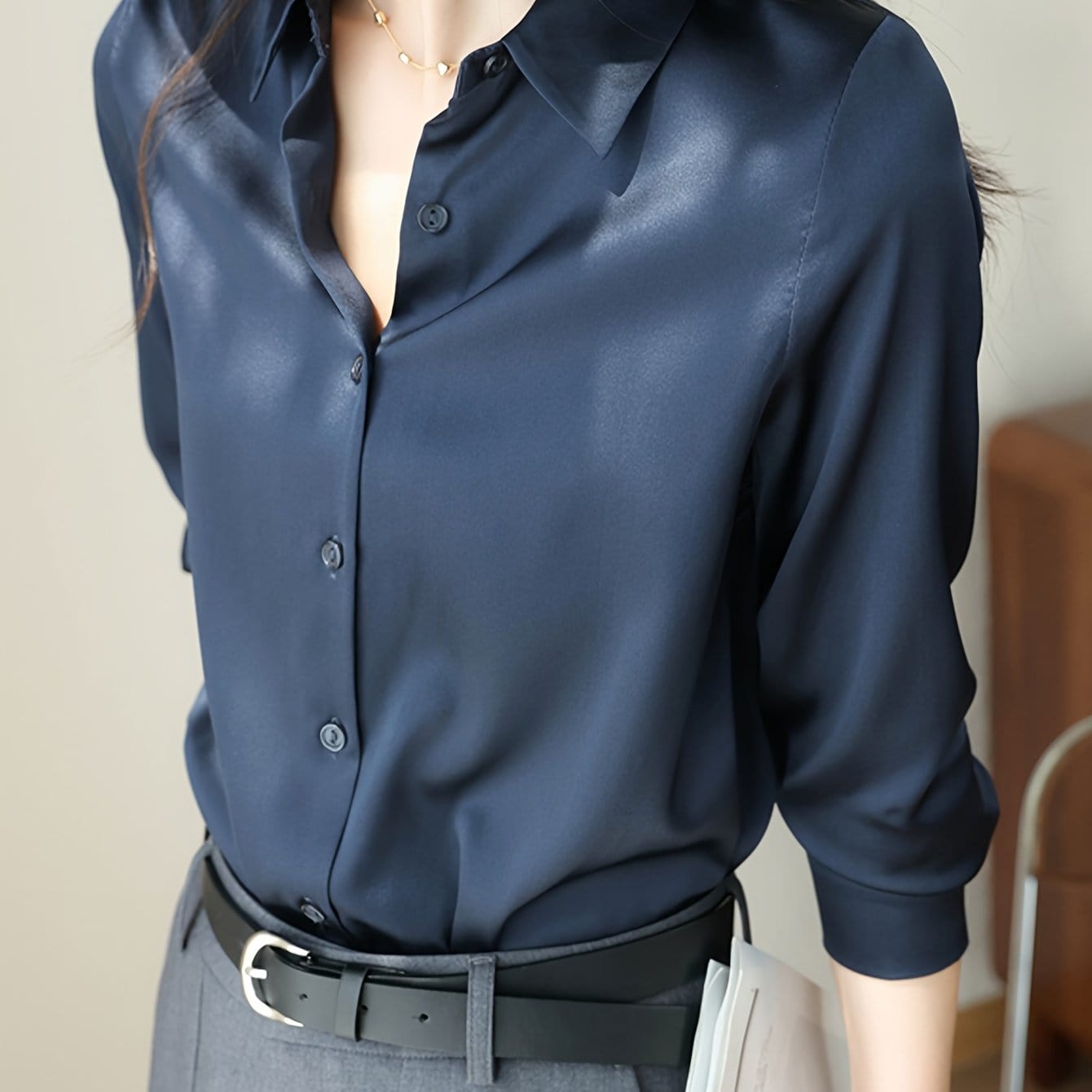 Women’s Satin Button-Up Shirt – Wrinkle-Free Long Sleeve Blouse Shirts & Tops Ink Blue / S The Nichole Collection