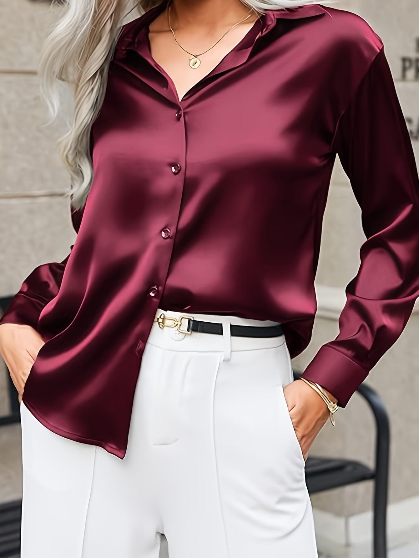 Women’s Satin Button-Up Shirt – Wrinkle-Free Long Sleeve Blouse Shirts & Tops The Nichole Collection