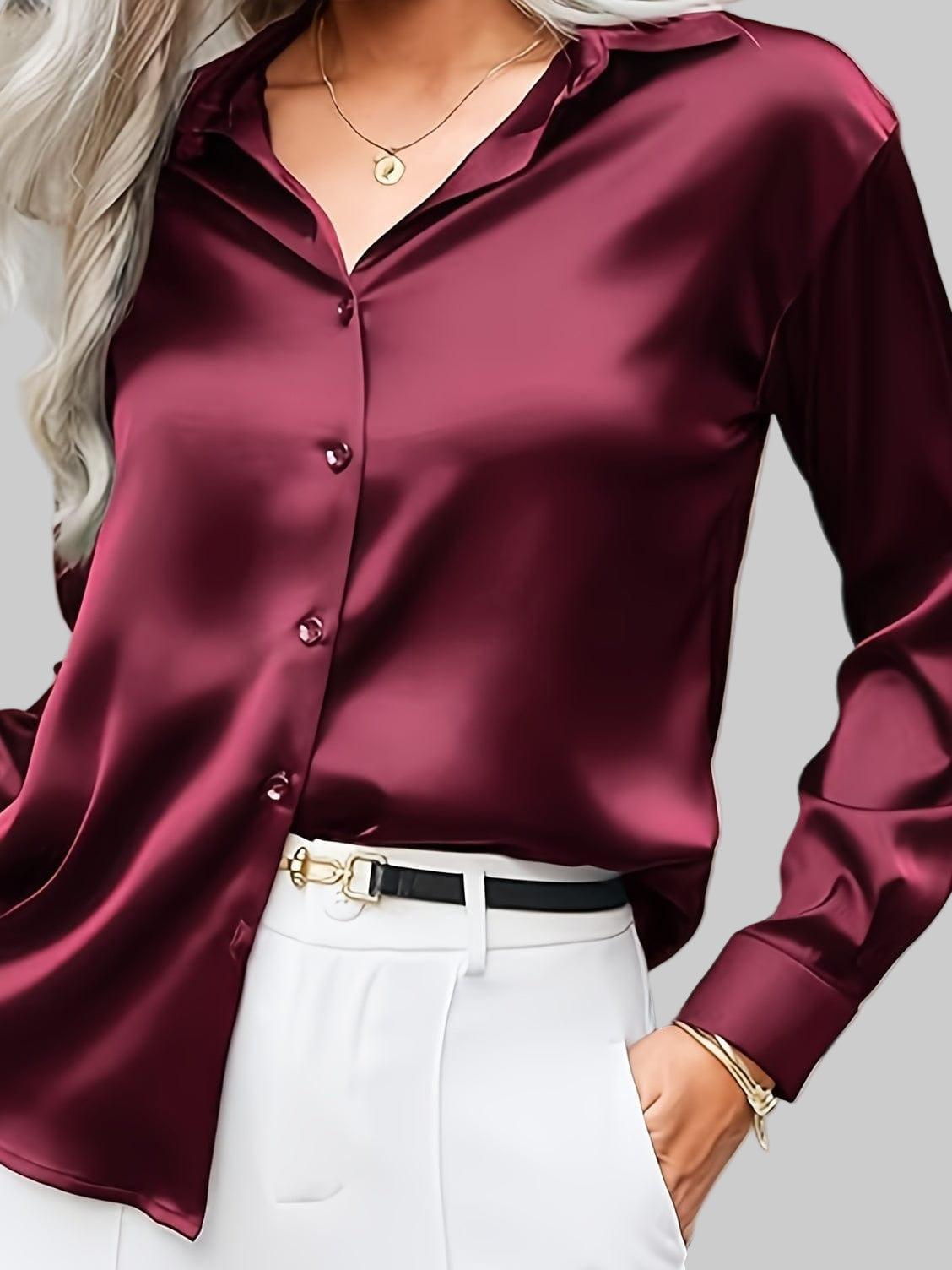 Women’s Satin Button-Up Shirt – Wrinkle-Free Long Sleeve Blouse Shirts & Tops Crimson / S The Nichole Collection