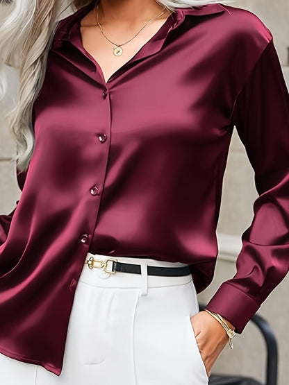 Women’s Satin Button-Up Shirt – Wrinkle-Free Long Sleeve Blouse Shirts & Tops Crimson / S The Nichole Collection