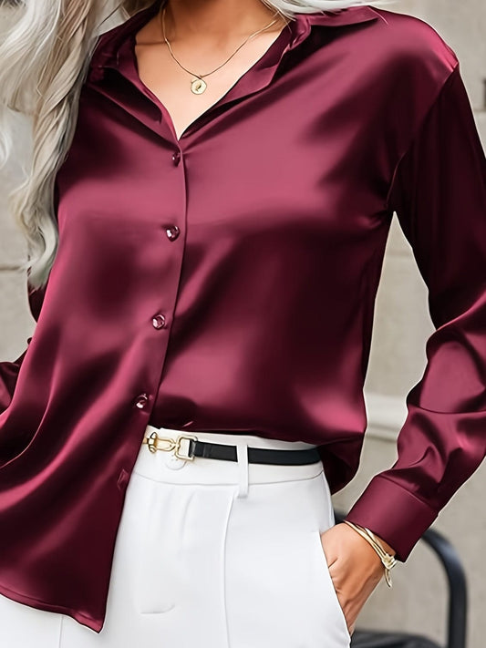 Women’s Satin Button-Up Shirt – Wrinkle-Free Long Sleeve Blouse Shirts & Tops Crimson / S The Nichole Collection