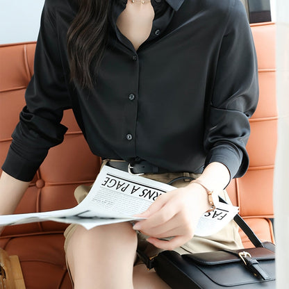 Women’s Satin Button-Up Shirt – Wrinkle-Free Long Sleeve Blouse Shirts & Tops Black / S The Nichole Collection