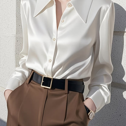 Women’s Satin Button-Up Shirt – Wrinkle-Free Long Sleeve Blouse Shirts & Tops White / S The Nichole Collection
