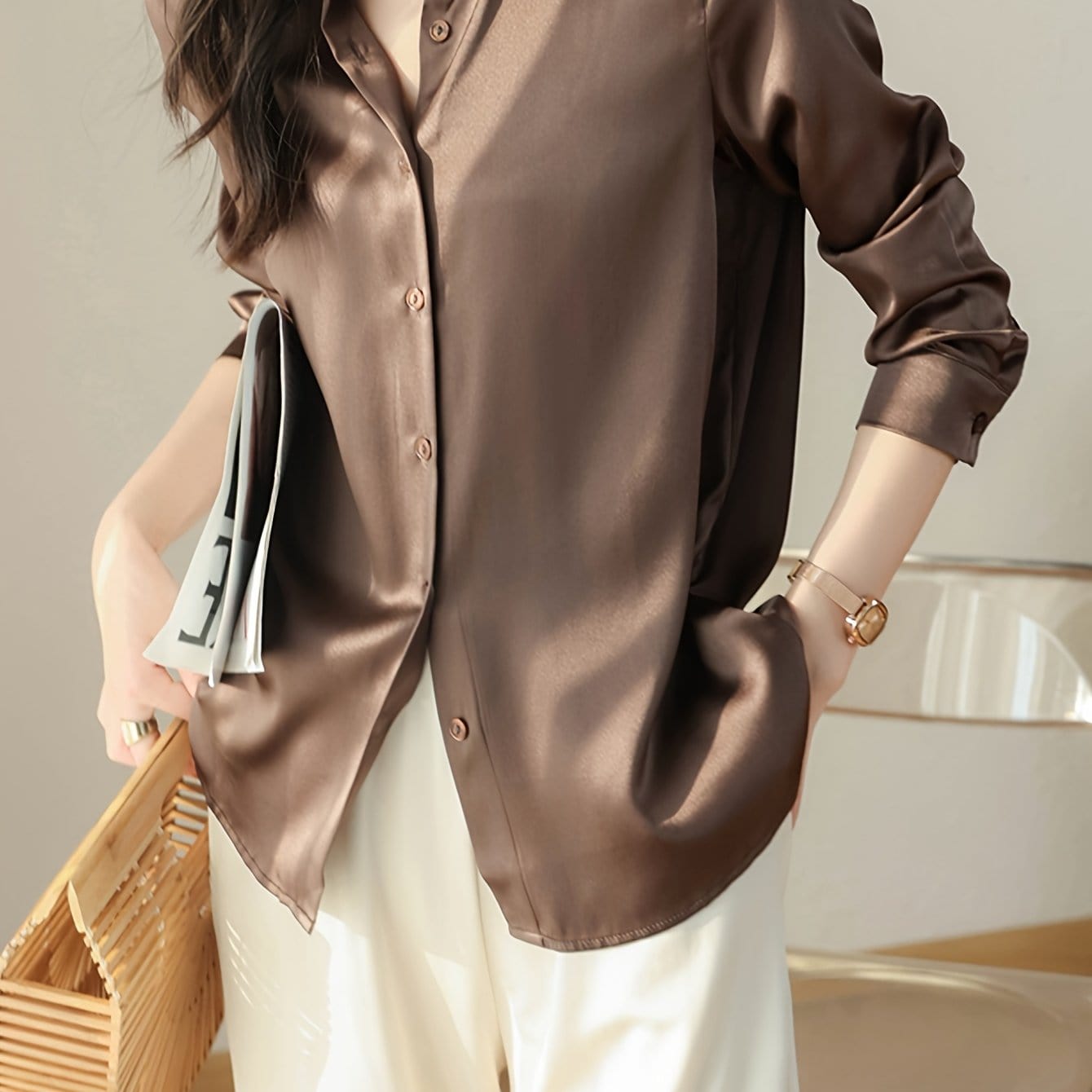 Women’s Satin Button-Up Shirt – Wrinkle-Free Long Sleeve Blouse Shirts & Tops Coffee color / S The Nichole Collection