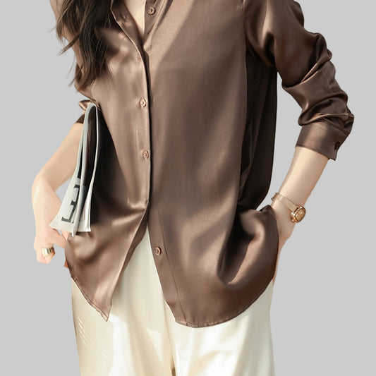 Charmeuse Satan-Feel Button-Up Blouse Coffee color / S Blouses The Nichole Collection - Official Site