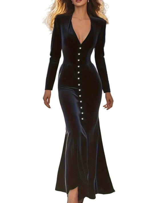 Women's Slim Fitting Velvet Button-Down Maxi Dress Black / S The Nichole Collection