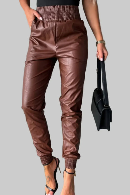 Women’s Smocked High-Waist Wide-Leg Pants with Pockets – Effortless Everyday Elegance Dress Pants Brown / S The Nichole Collection