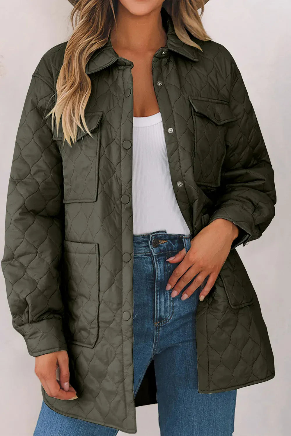 Women’s Snap-Down Puffed Sleeve Collared Winter Coat Army Green / S The Nichole Collection