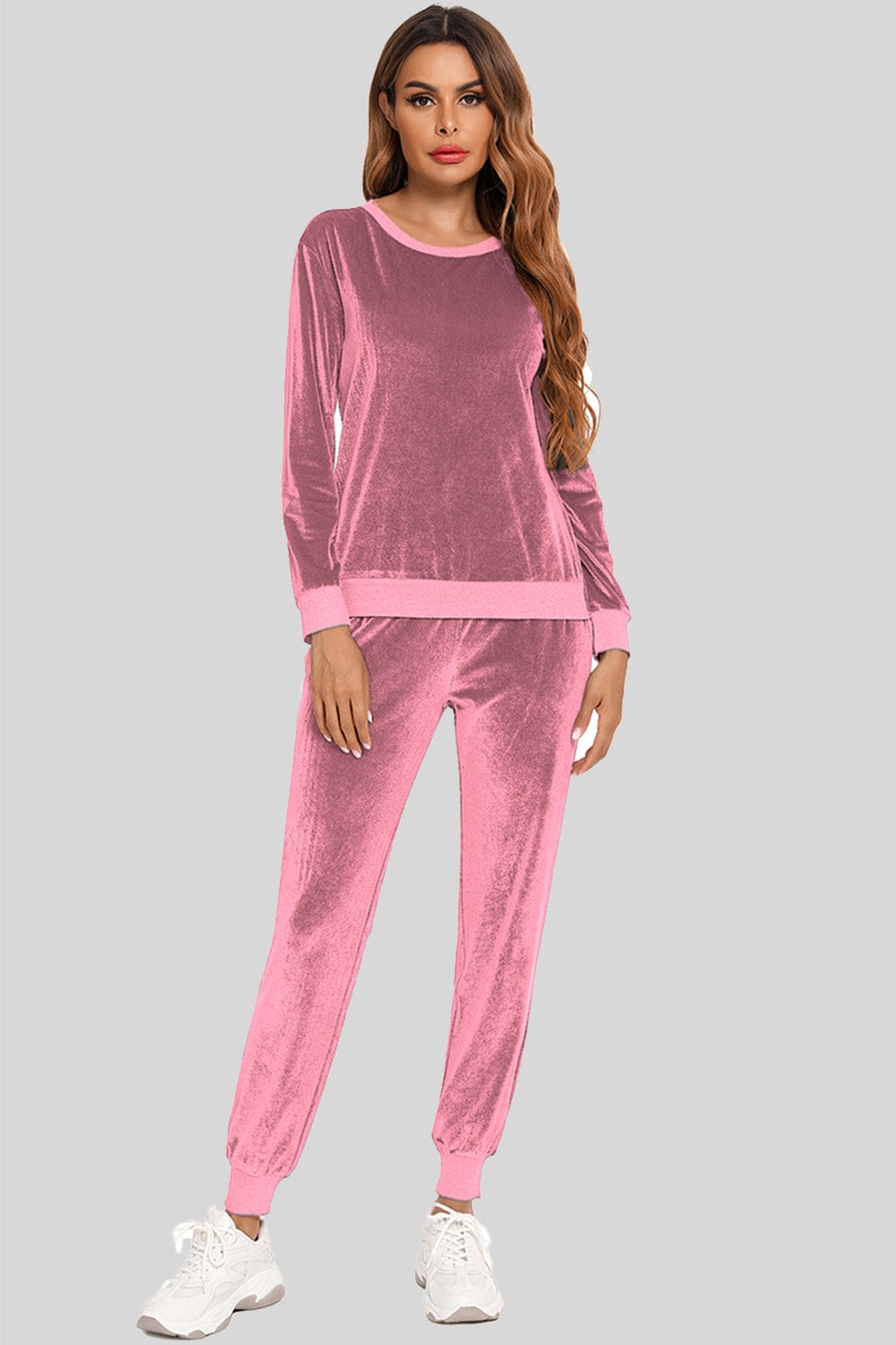 Women’s Soft Velvet Round Neck Long Sleeve Loungewear Set with Pockets Dusty Pink / S The Nichole Collection