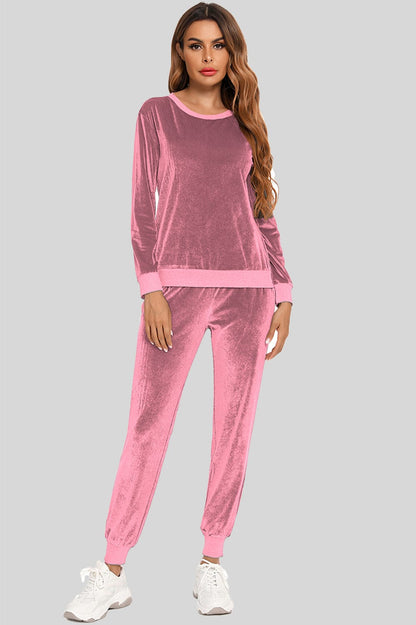 Women’s Soft Velvet Round Neck Long Sleeve Loungewear Set with Pockets Dusty Pink / S The Nichole Collection