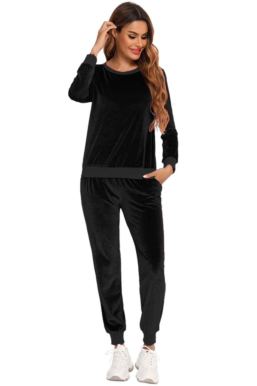 Women’s Soft Velvet Round Neck Long Sleeve Loungewear Set with Pockets The Nichole Collection