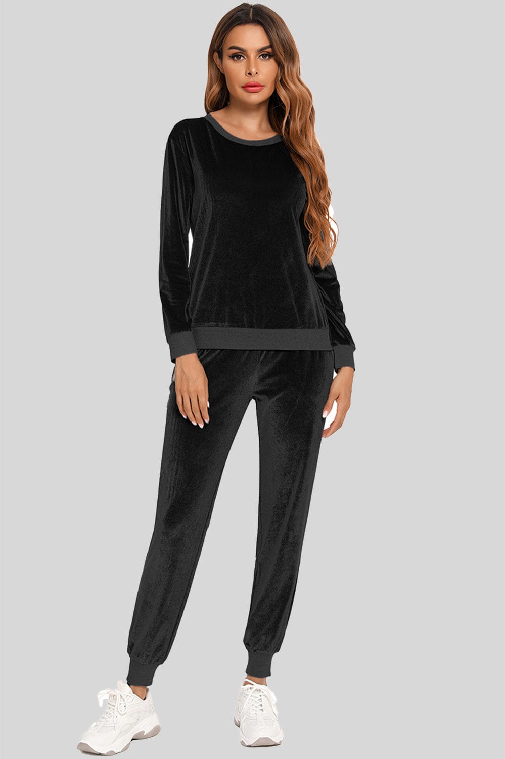 Women’s Soft Velvet Round Neck Long Sleeve Loungewear Set with Pockets Black / S The Nichole Collection