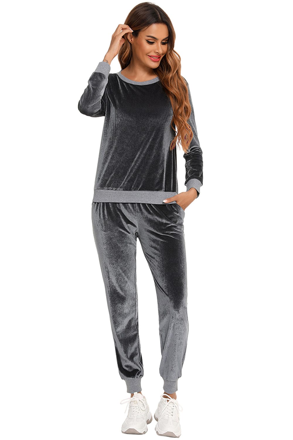 Women’s Soft Velvet Round Neck Long Sleeve Loungewear Set with Pockets The Nichole Collection