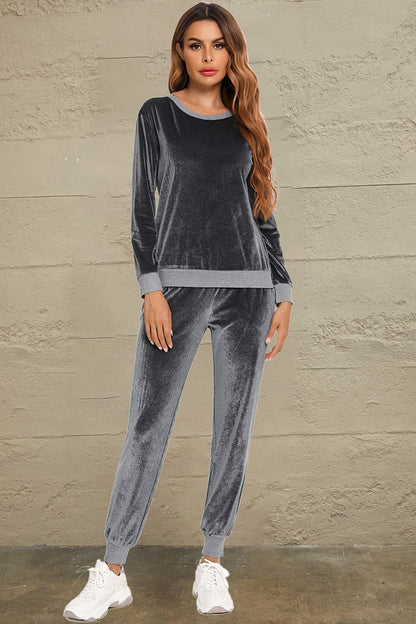 Women’s Soft Velvet Round Neck Long Sleeve Loungewear Set with Pockets Charcoal / S The Nichole Collection