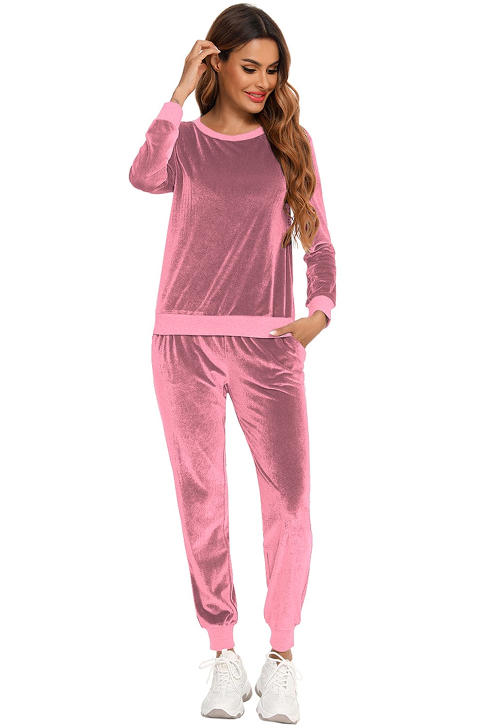 Women’s Soft Velvet Round Neck Long Sleeve Loungewear Set with Pockets The Nichole Collection