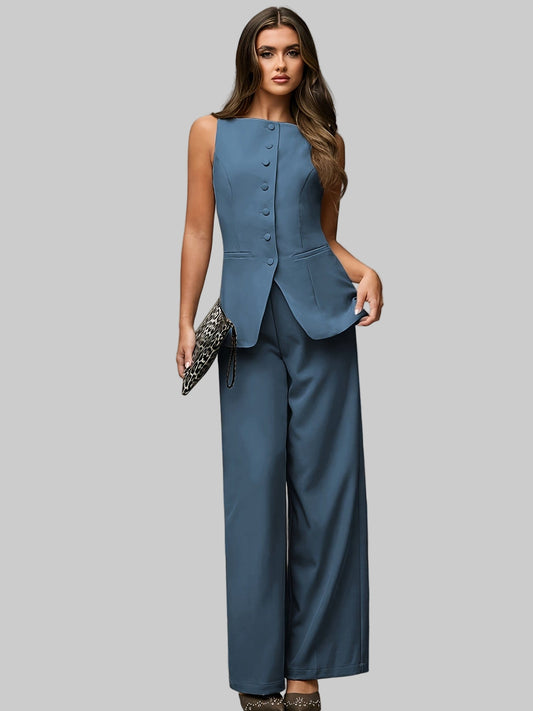 Women’s Solid Color Round Neck Vest & High-Waist Pants Set – Casual, Comfortable, Minimalist Fashion The Nichole Collection