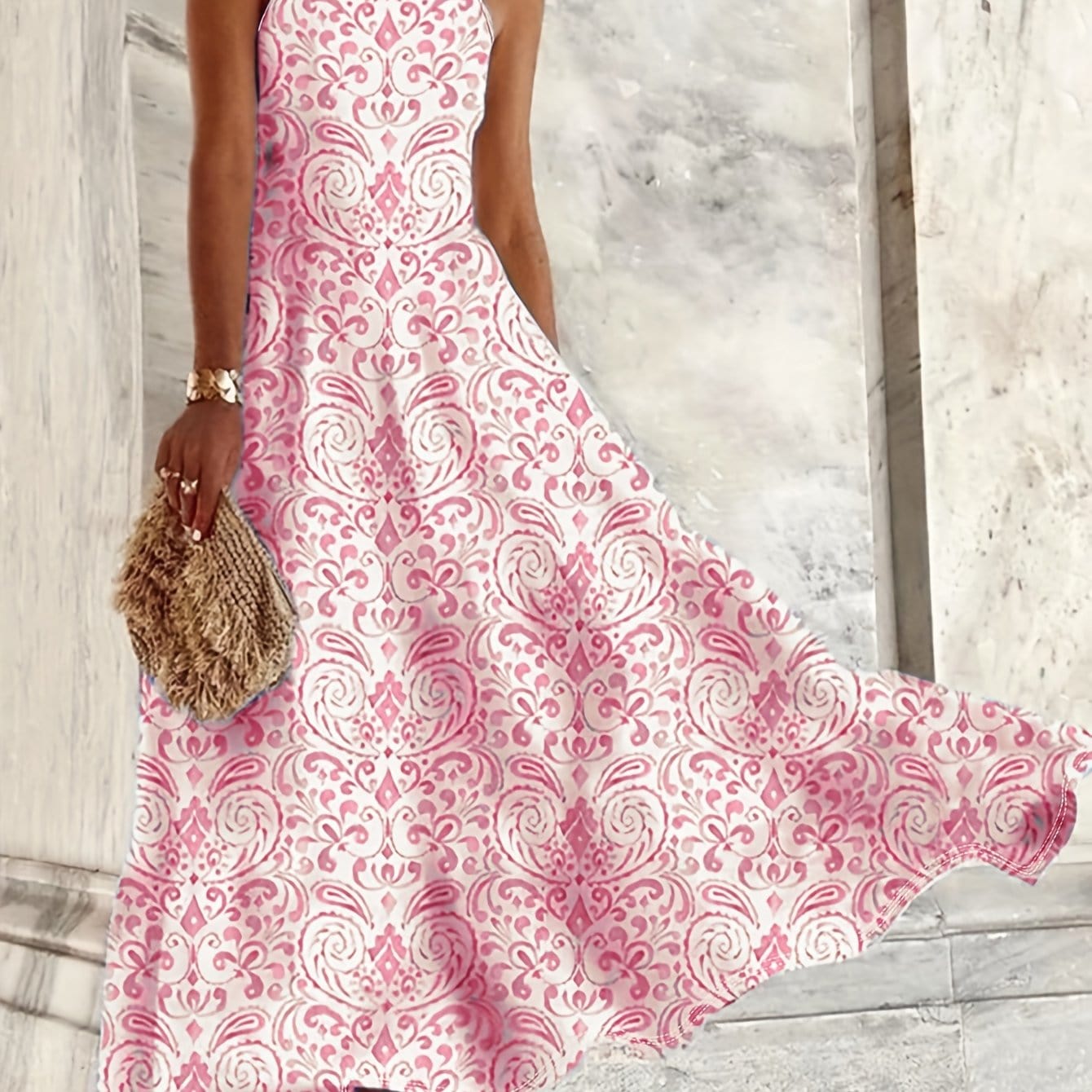 Women’s Spaghetti Strap Peplum Dress – All-Over Printed Vacation Style Pink Color / S The Nichole Collection