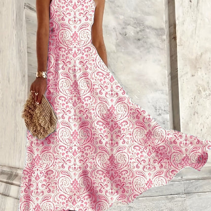 Women’s Spaghetti Strap Peplum Dress – All-Over Printed Vacation Style Pink Color / S The Nichole Collection