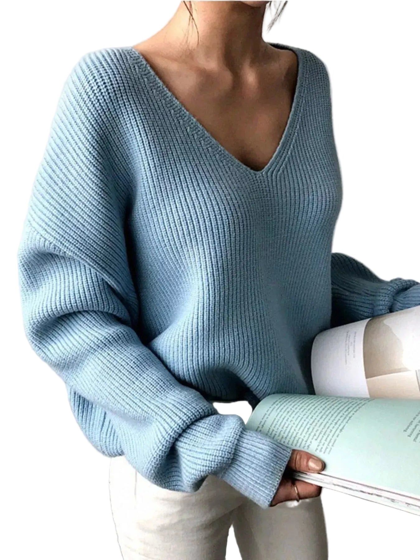Women's V-Neck Dropped Shoulder Sweater Sky Blue / S The Nichole Collection - Official Site