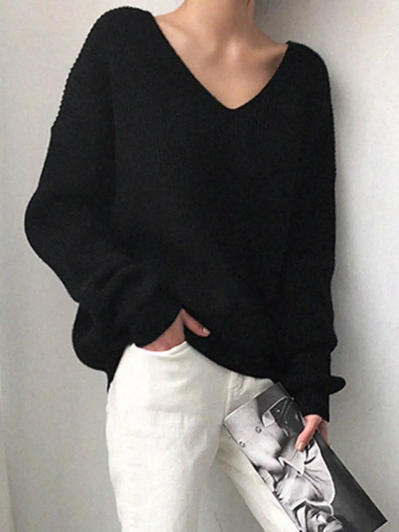 Women's V-Neck Dropped Shoulder Sweater Black / S The Nichole Collection - Official Site