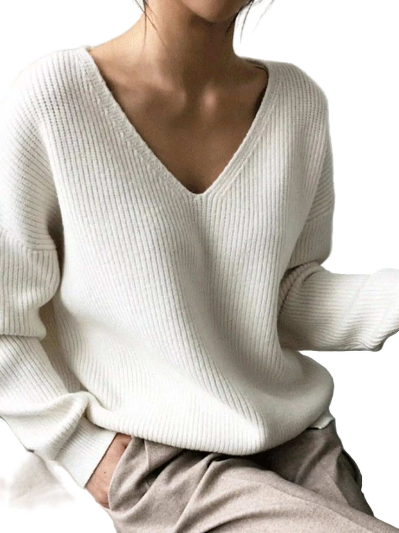 Women's V-Neck Dropped Shoulder Sweater Gray/white / S The Nichole Collection - Official Site
