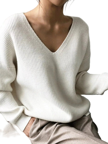 Women's V-Neck Dropped Shoulder Sweater Gray/white / S The Nichole Collection - Official Site