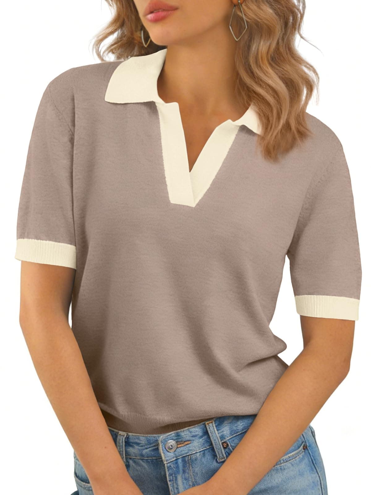 Women's V Neck Polo Lightweight Sweater X-Small / Light Brown-white The Nichole Collection