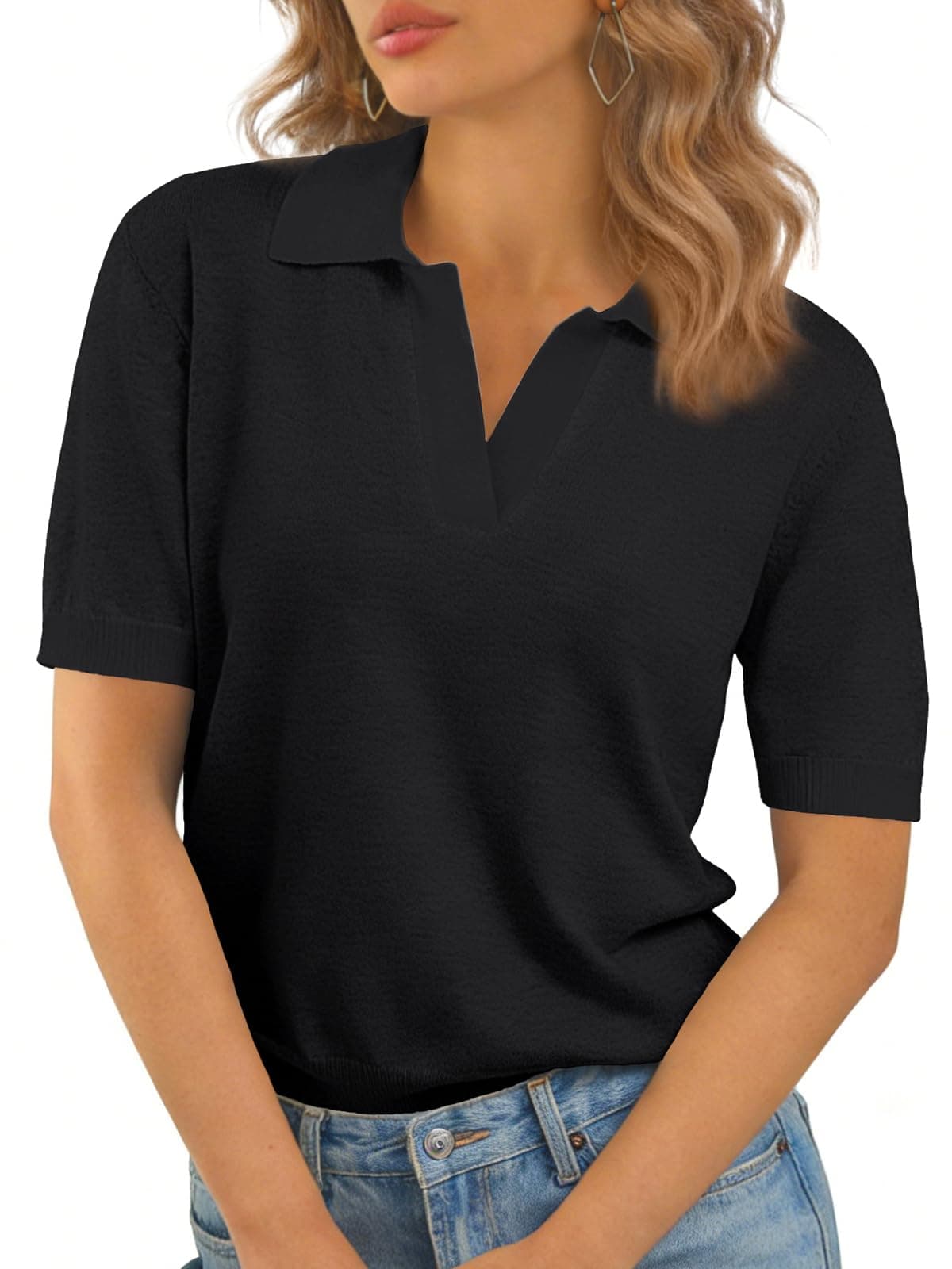Women's V Neck Polo Lightweight Sweater X-Small / Black The Nichole Collection