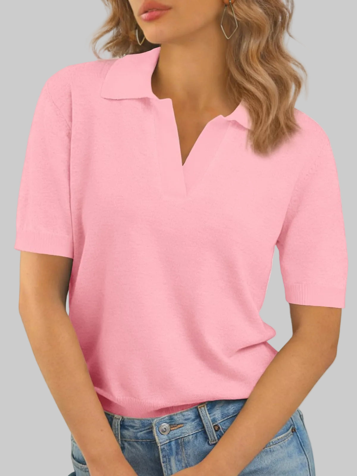 Women's V Neck Polo Lightweight Sweater X-Small / Pink The Nichole Collection
