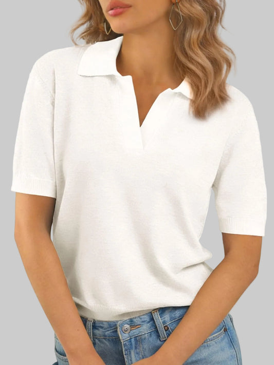 Women's V Neck Polo Lightweight Sweater X-Small / White The Nichole Collection