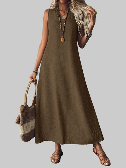 Women's V-Neck Sleeveless Solid Color Loose Dress Brown / S The Nichole Collection