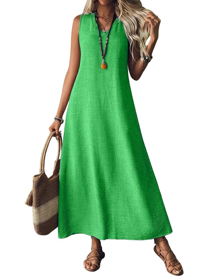 Women's V-Neck Sleeveless Solid Color Loose Dress Green / S The Nichole Collection