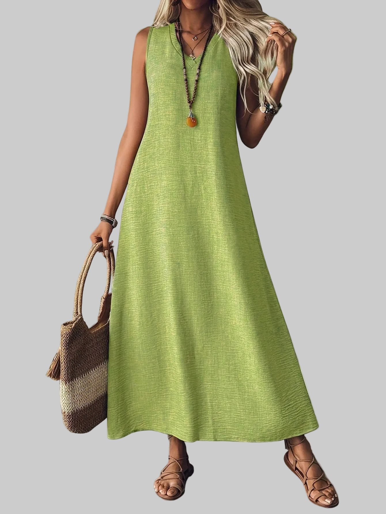 Women's V-Neck Sleeveless Solid Color Loose Dress Lime / S The Nichole Collection
