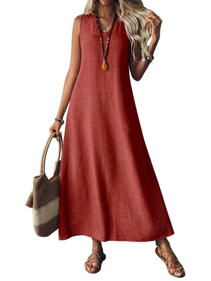 Women's V-Neck Sleeveless Solid Color Loose Dress Red / S The Nichole Collection
