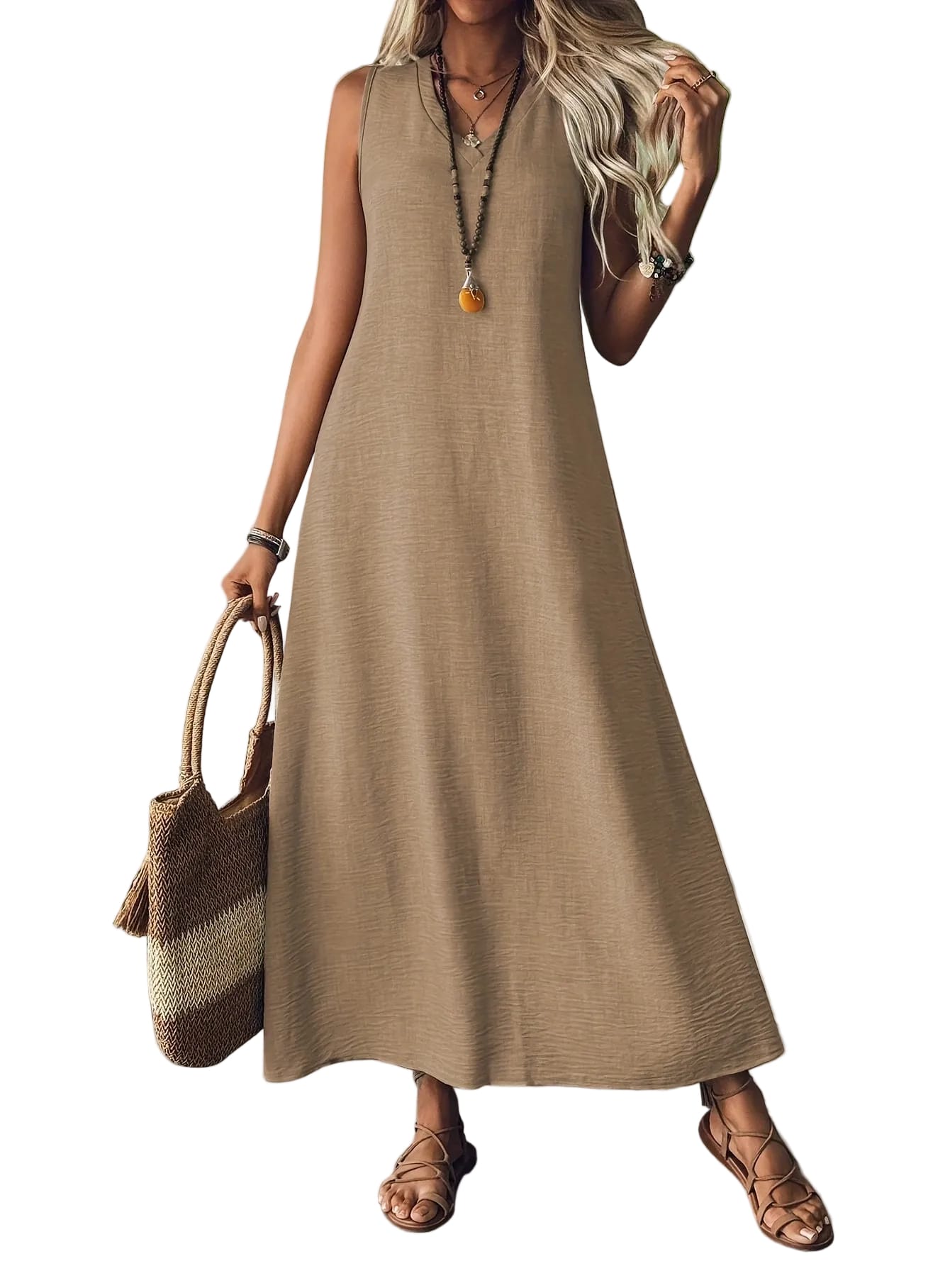 Women's V-Neck Sleeveless Solid Color Loose Dress Khaki / S The Nichole Collection