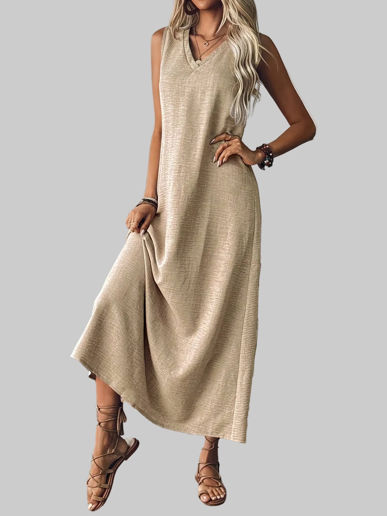 Women's V-Neck Sleeveless Solid Color Loose Dress The Nichole Collection