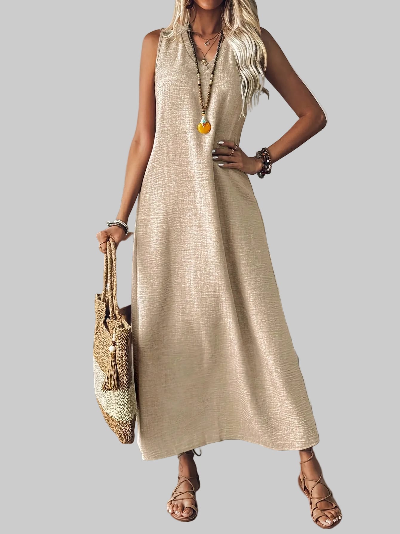 Women's V-Neck Sleeveless Solid Color Loose Dress The Nichole Collection