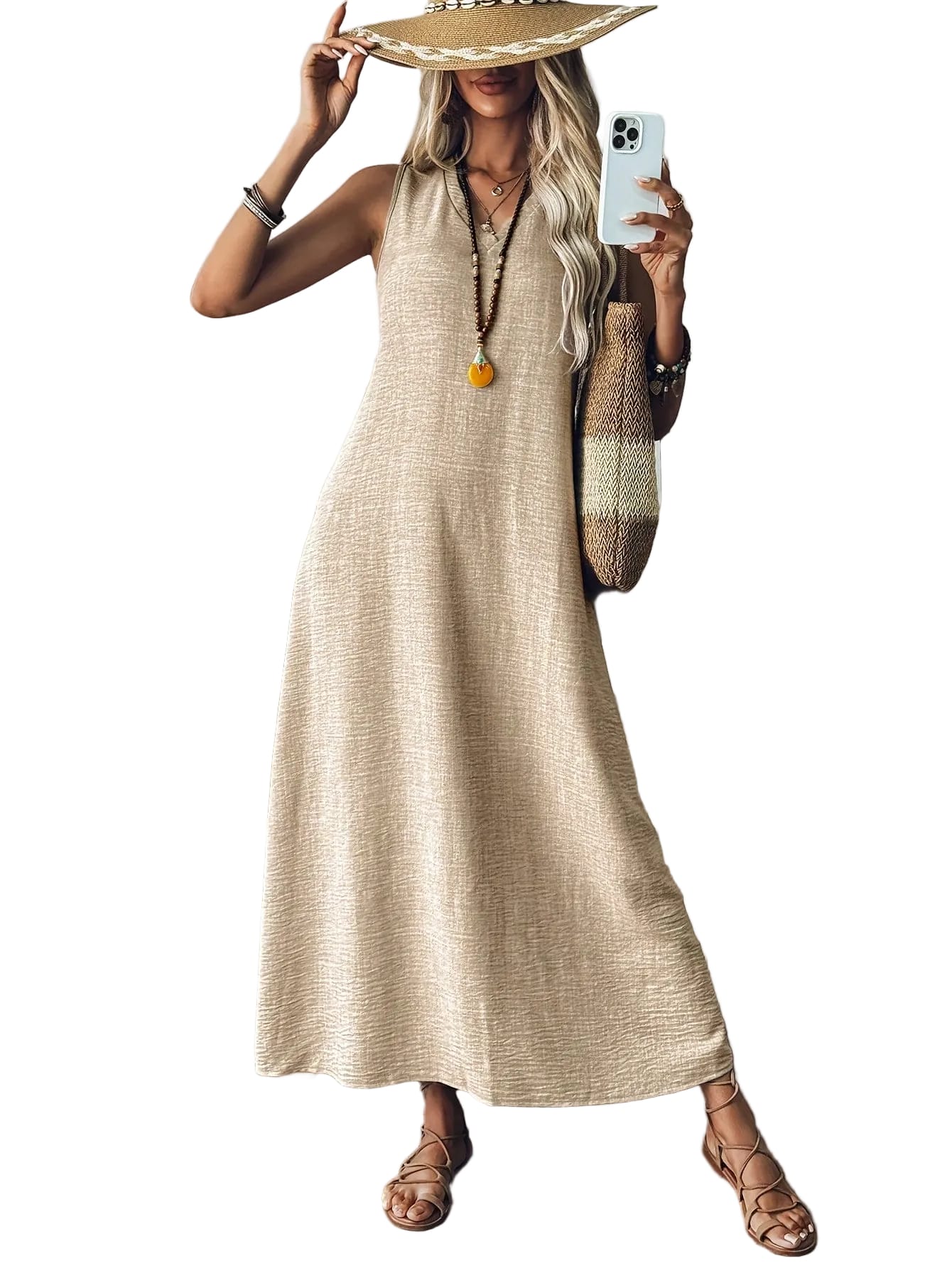 Women's V-Neck Sleeveless Solid Color Loose Dress Apricot / S The Nichole Collection