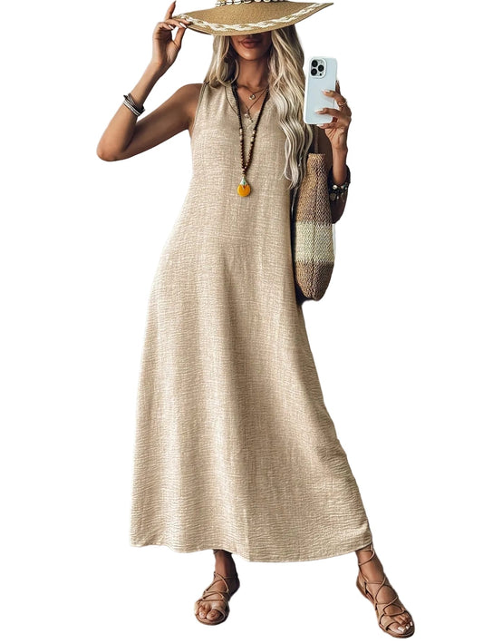 Women's V-Neck Sleeveless Solid Color Loose Dress Apricot / S The Nichole Collection