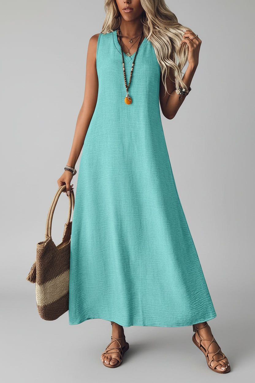 Women's V-Neck Sleeveless Solid Color Loose Dress Light Blue / S The Nichole Collection