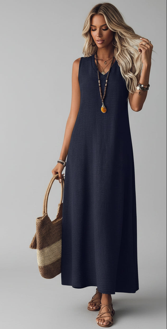 Women's V-Neck Sleeveless Solid Color Loose Dress Navy Color / S The Nichole Collection