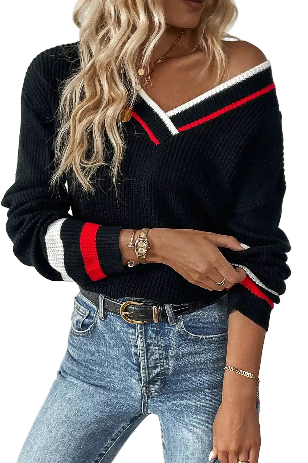 Women's V-Neck Striped Trim Sweater The Nichole Collection - Official Site