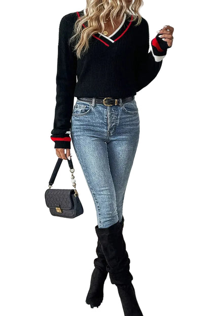 Women's V-Neck Striped Trim Sweater The Nichole Collection - Official Site
