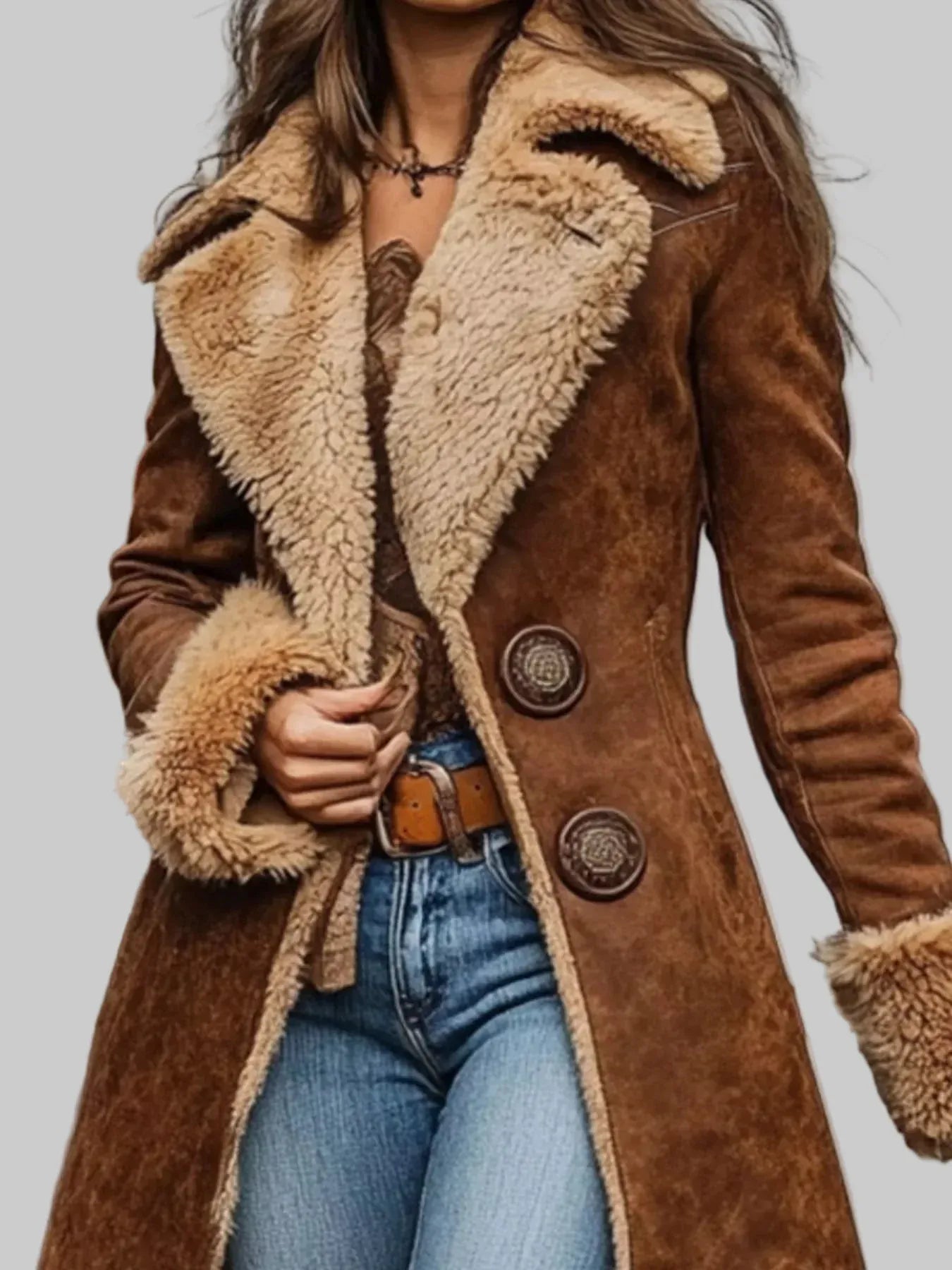 Women’s Vintage Faux Fur Trim Longline Coat – Rustic Winter Outerwear The Nichole Collection
