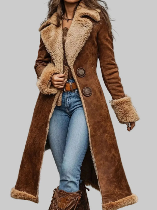 Women’s Vintage Faux Fur Trim Longline Coat – Rustic Winter Outerwear Red / S The Nichole Collection