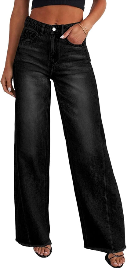 Women's Wide Leg High Waisted Stretchy Raw Hem Jeans The Nichole Collection