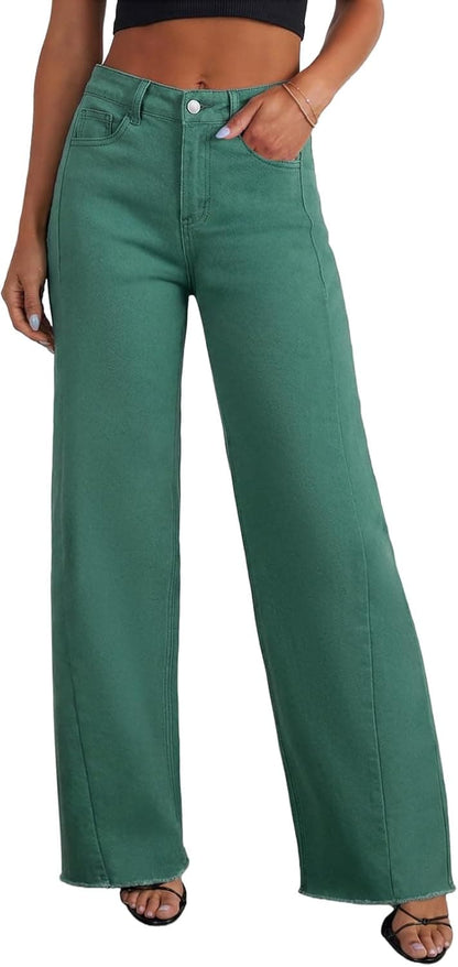 Women's Wide Leg High Waisted Stretchy Raw Hem Jeans The Nichole Collection