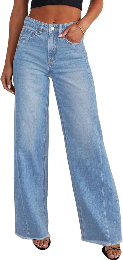 Women's Wide Leg High Waisted Stretchy Raw Hem Jeans The Nichole Collection