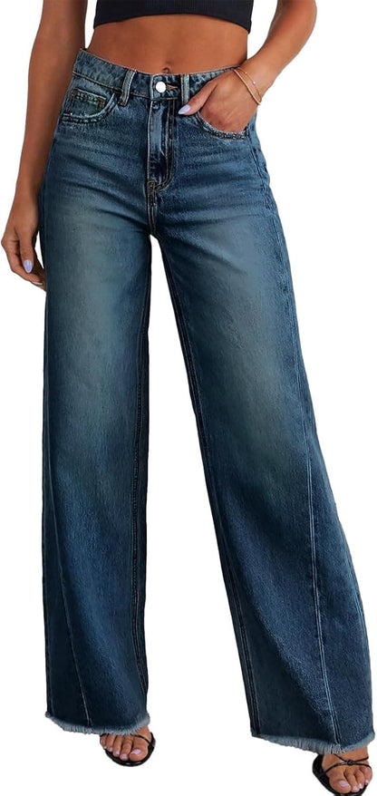 Women's Wide Leg High Waisted Stretchy Raw Hem Jeans The Nichole Collection