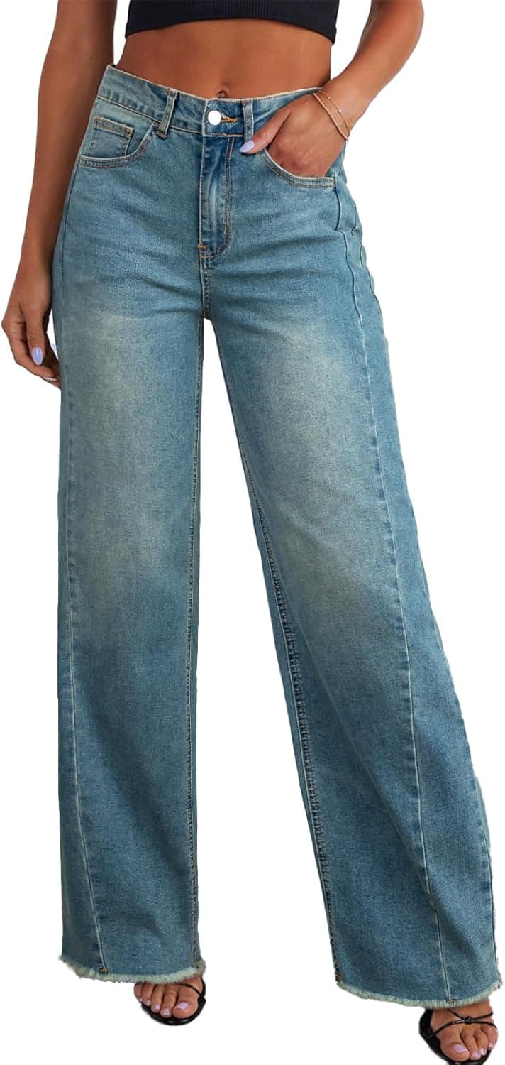 Women's Wide Leg High Waisted Stretchy Raw Hem Jeans The Nichole Collection